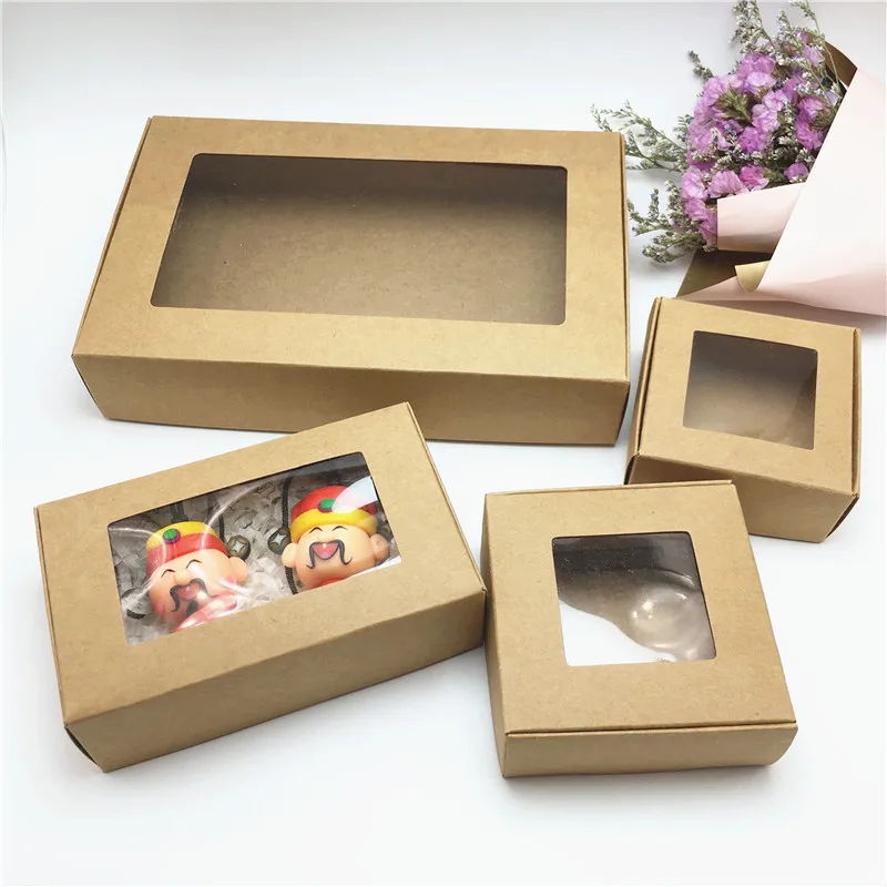 50Pcs Deluxe Kraft Paper Gift Packing&Jewelry Display Box With Clear PVC Window Party Candy Box Brown Package Window Gift Boxes