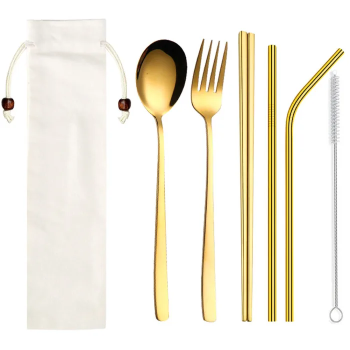 Stainless Steel Cutlery Set Five-piece Suit Linen Bag Tableware Travel Outdoor Office Picnic Barbecue D6