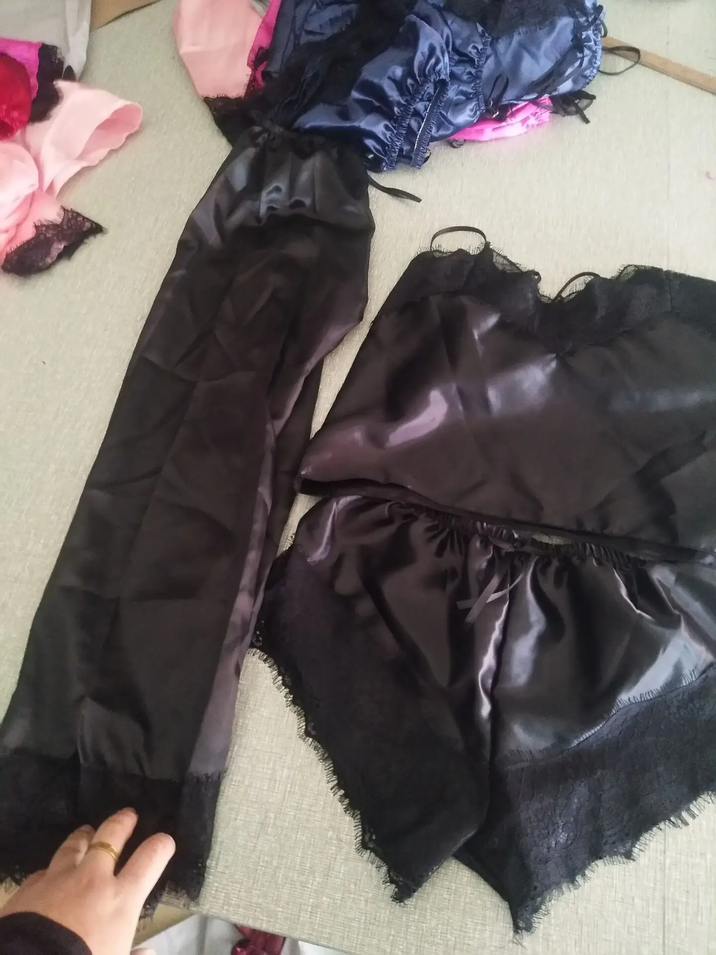 Женская атласная кружевная сетчатая ночнушка нижнее белье шорты пижамы - Цвет: Черный