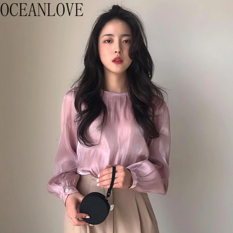 

OCEANLOVE OL Work Fashion Glossy Women Shirts Long Sleeve Trasparent Sexy Blouses Korean Vintage 2020 Solid Blusas Mujer 15852