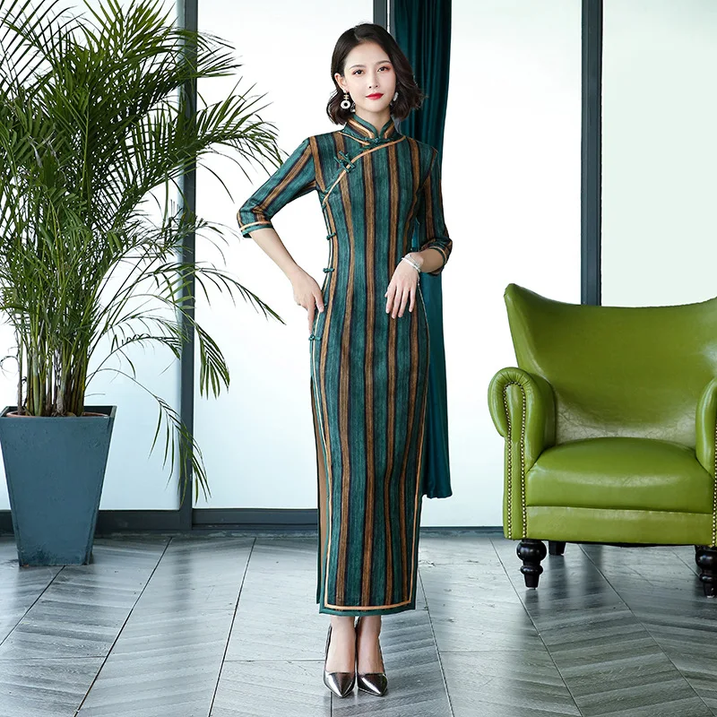 Пикантные женские замшевые Длинные Cheongsam Осень Зима Традиционный китайский стиль платье Qipao тонкие Вечерние платья на пуговицах Vestido M-4XL - Цвет: Зеленый