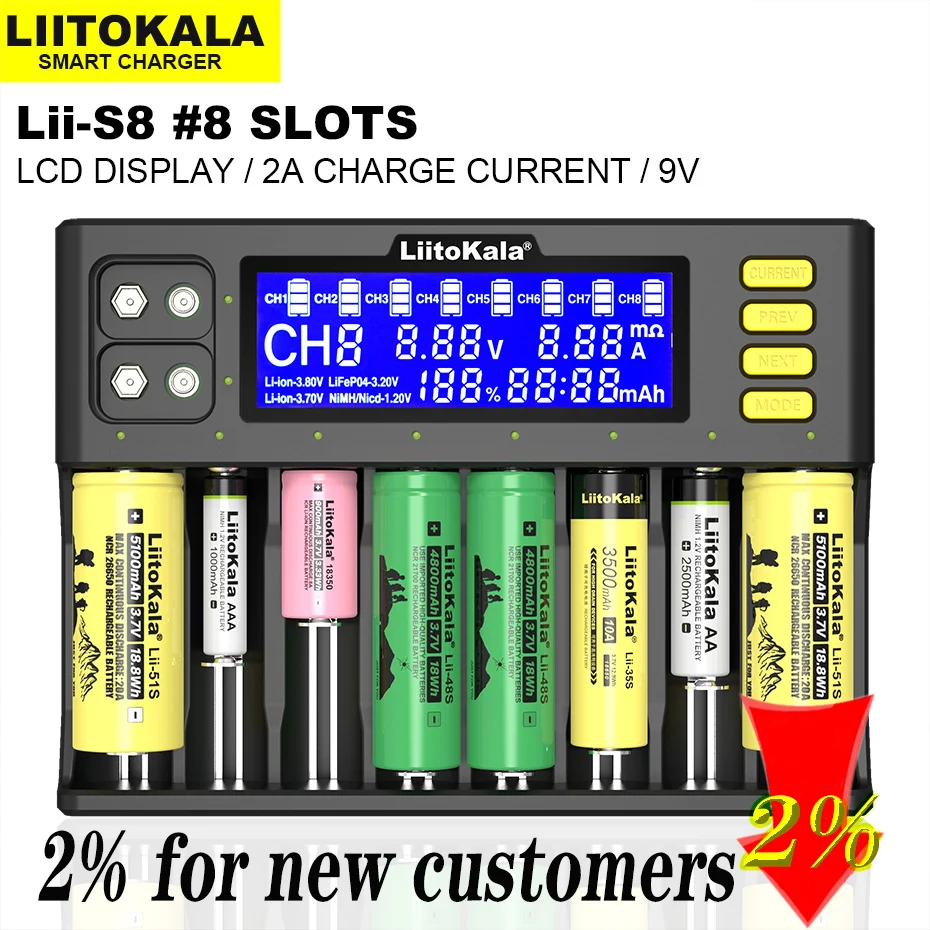 LiitoKala Lii-S8 Battery Charger Li-Ion 3.7V NiMH 1.2V Li-FePO4 3.2V IMR 3.8V charger for 18650 26650 21700 26700 AA AAA