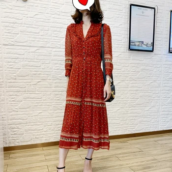 

100% viscose Bohemian printed loose red midi dress with long sleeves