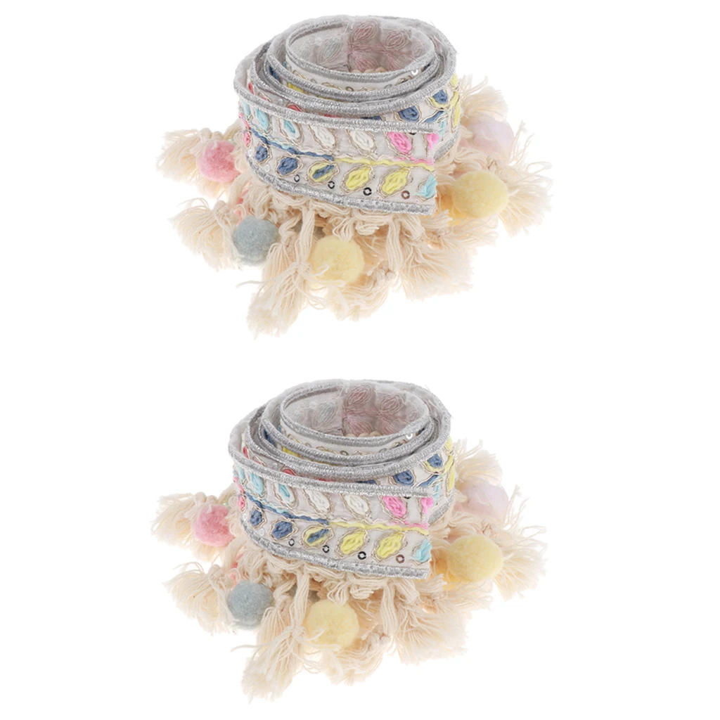 2 Yards Ethnic Style Ball Fringed Lace Jacquard Ribbon with Pompom Ball Trim