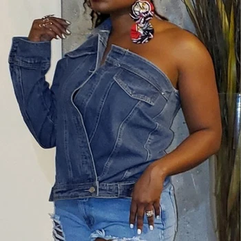 

Fashion sexy Single shoulder Denim Jacket Women Autumn Coat Ripped oversized Outerwear Female Sexy Club Jeans Jacket Plus Size
