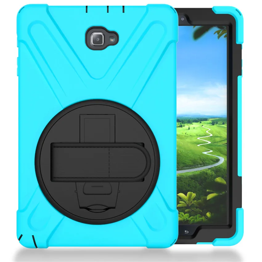 Sky Blue Для Samsung Galaxy Tab A 6 A6 10,1 P580 P585 s-ручка vers прочный ПК+ Силиконовый жесткий чехол с 360 поворотной подставкой, ремешок для рук и шеи - Цвет: Sky Blue