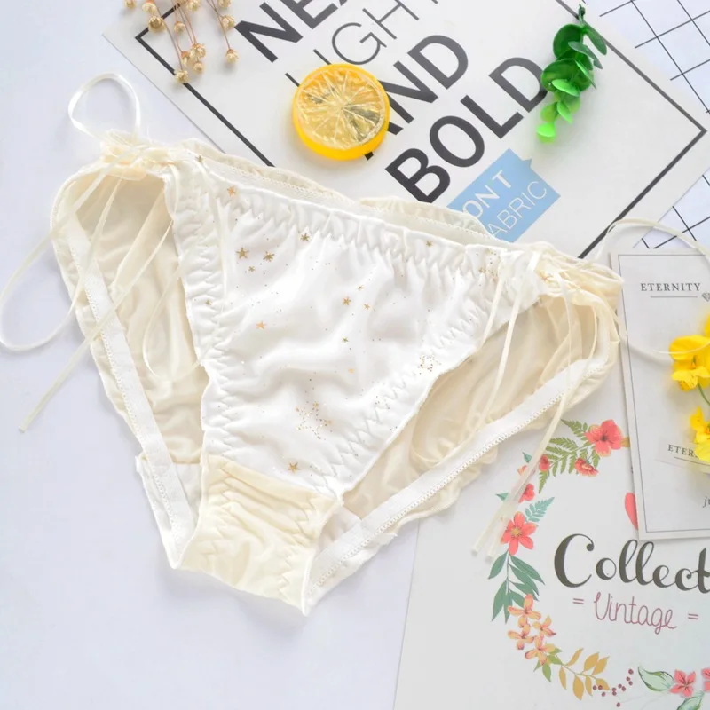 3 Pcs/lot Women briefs japanese new gold star ribbon decorated mid-waist briefs ice silk ladies underwear LVFAN BS011 - Цвет: BS011-Beige
