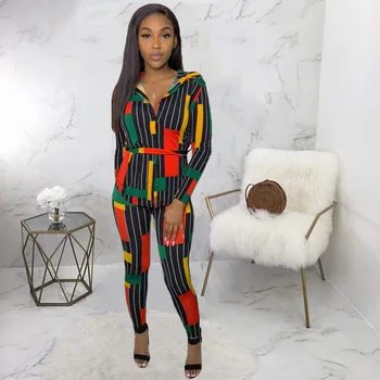 

Women's suit coat pants contrast color fashion sexy color long sleeve button belt print two piece set