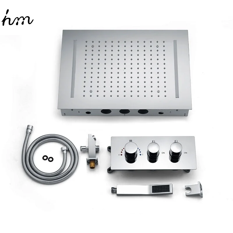 hm Modern Embed Ceiling LED Shower System Bathroom Thermostatic Rain Showerhead Faucets Set With Remote Control Lights