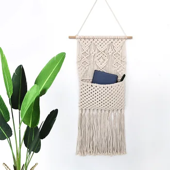 

Tassel Handmade Woven Tapestry With Net Pocket Storage Bag Beige Home Decoration Popular Wall Bohemia Tapestries Size 75x30cm