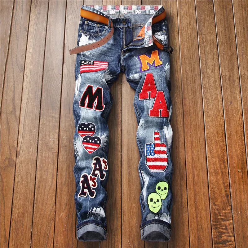 

European American Style Mens Brand Skinny Jeans Embroidery Badge Slim Denim Straight Trousers Hip Hop Punk Jeans Designer Pants