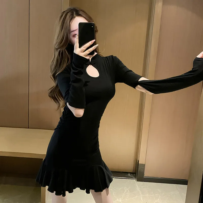 Осеннее и зимнее новое ретро улучшенное платье cheongsam-style тонкое плиссированное платье с длинными рукавами