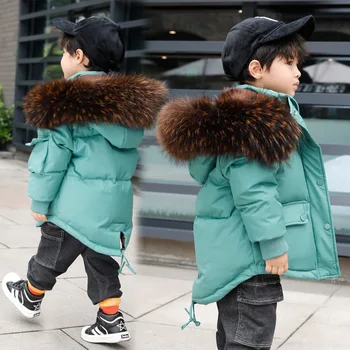 

High quality boy and girls big real fur collar hooded down jackets winter new fashion thicken down coats children outerwear
