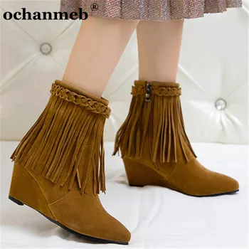 

Women's Large Size 14 Ankle Boots Tassel Shoes Lady Female Fringe Wedge Heels Short Boots Faux Suede Booties Shoe Woman Footwear