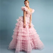 Sweet Pink Tulle Tiered Long Evening Dresses Off Shoulder Sweetheart Sleeveless Vestidos de festa Formal Gowns Prom Party Dress