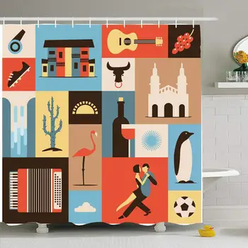 

Shower Curtain Set with Hooks 72x72 Accordion Argentina Design Bull City Map House Tree Flat Love Sport Set Pattern Landmarks