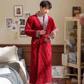 

New Red Male Winter Bathrobe Men's Three-layer Cotton Plus Velvet Warm Robes Men Super Thick Flannel Home Dressing Gown