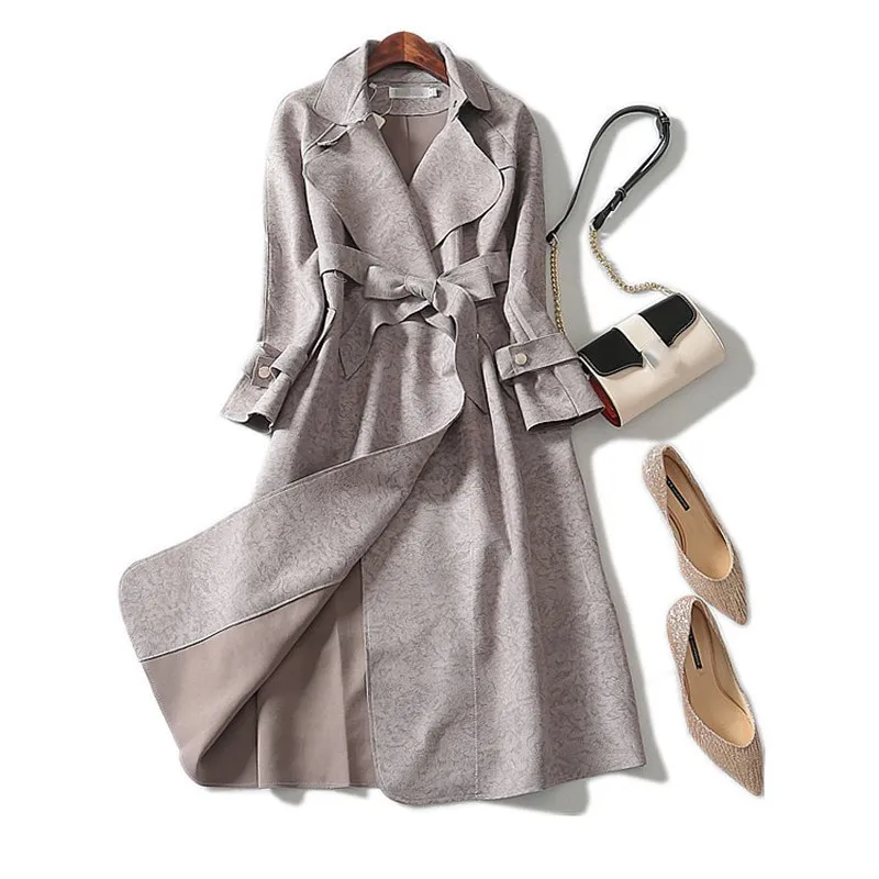 

High Quality Autumn Long Suede Trench Women Coat Belt Windbreaker Overcoat Female elegant Long sleeve Outerwear
