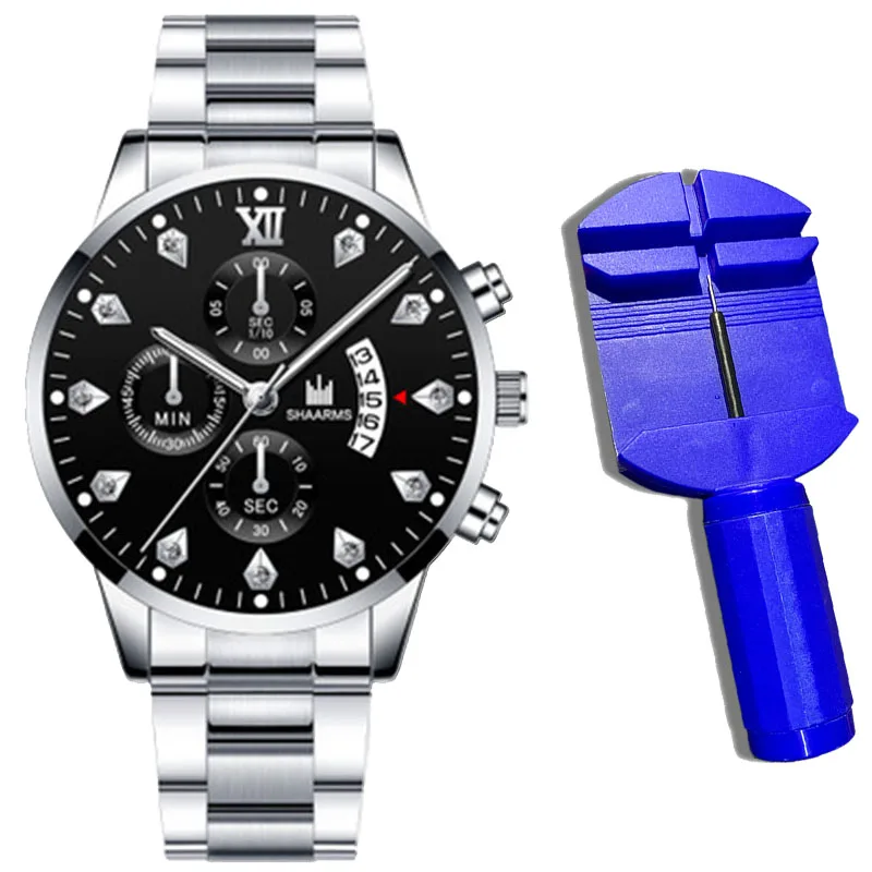 2021 Luxury Brand SHAARMS Alloy Strap Men's Watch Diamond Waterproof Quartz Watch for Men's Analog Three-eye Calendar Male Clock 