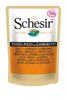 

SCHESIR SCHESIR CAT TUNA, CHICKEN & SHRIMPS for adult cats with tuna, chicken and prawns 100g