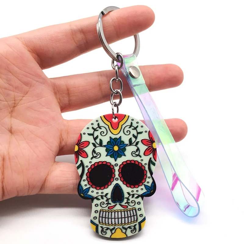 Брелоки Calavera мексиканские причудливые брелки для ключей с черепом пользовательский лазер Dazzle Rope Sugar Skull брелок сумка Шарм сладкий подарок - Цвет: L