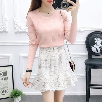 

Pullover Sweater Top Loose+skirt Grid Suit Knitting Sweaters Tweed Fishtail Skirts Girl Outfit Autumn Winter Basic Vestidos
