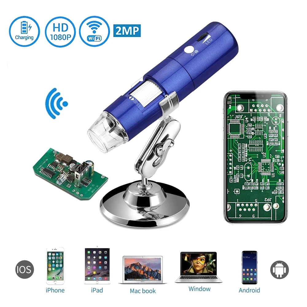 1080P WIFI цифровой микроскоп 1000X зум Камера IOS Android Iphone Windows электронный 8 LED свет