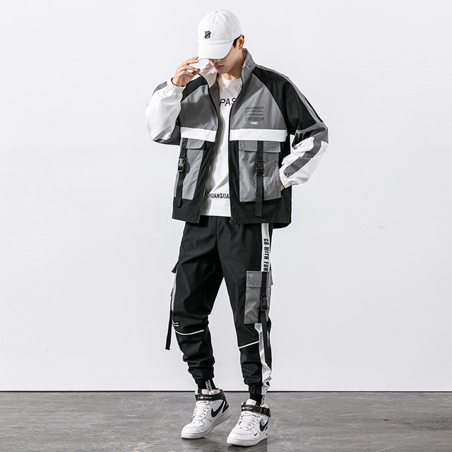 Hip Hop Workwear jacket Mens Tracksuit Jacket+Pants 2PC Sets baseball loose Zipper Ribbons Coat & Long Pants Mens Clothes