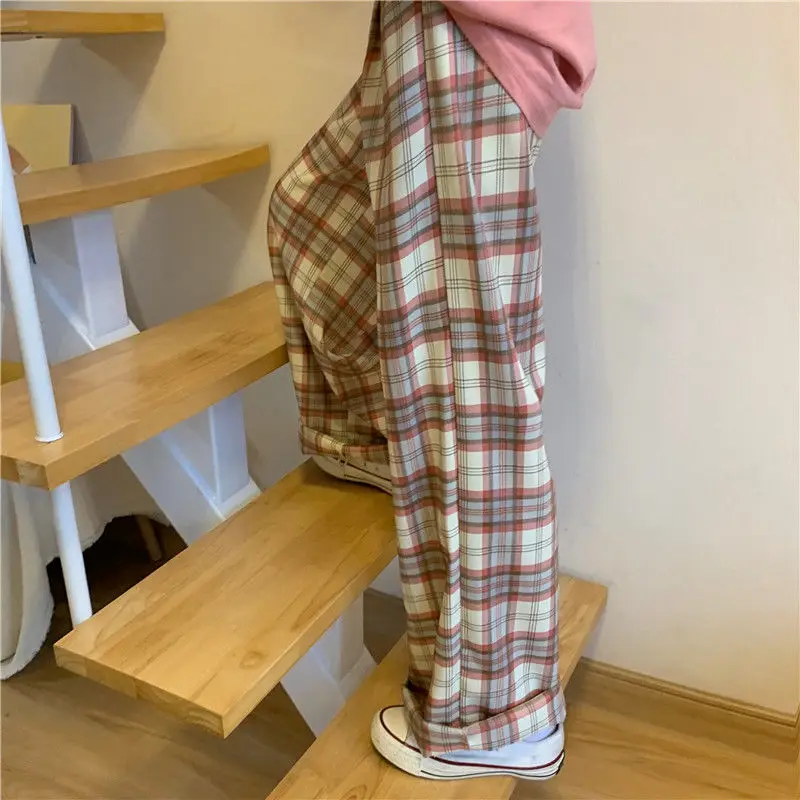 HOUZHOU Harajuku Plaid Pants Women Summer Vintage Oversize Straight Casual Loose Trousers Korean Fashion Wide Leg Pink Pants earrings gradient glitter plaid water drop earrings in pink size one size