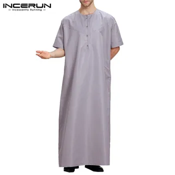 

2020 Men Ialamic Muslim Arabic Kaftan Clothing Short Sleeve Solid Color Button Arabic Dubai Men Robes Jubba Thobe Abaya INCERUN