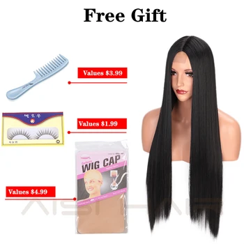 AISI HAIR Long Straight Black Wig Synthetic Wigs for Women Natural Middle Part Lace Wig Heat Resistant Fiber Natural Looking Wig 6