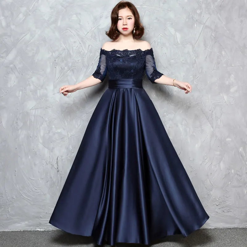 navy blue Элегантное платье с вырезом лодочкой и открытыми плечами темно-синее атласное женское вечернее платье А-силуэта размера плюс вечерние платья с рукавами - Цвет: navy blue