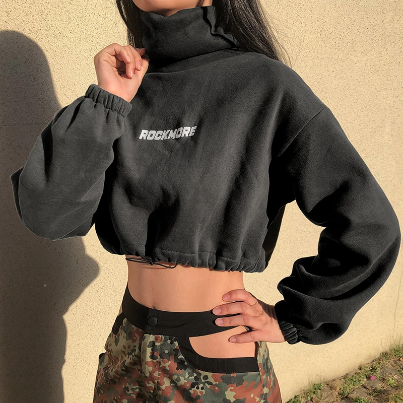 IAMSURE Streetwear Letter Print Long Sleeve Casual Loose Pullovers For Women Autumn Fashion Turtleneck Lady Cropped Sweatershirt