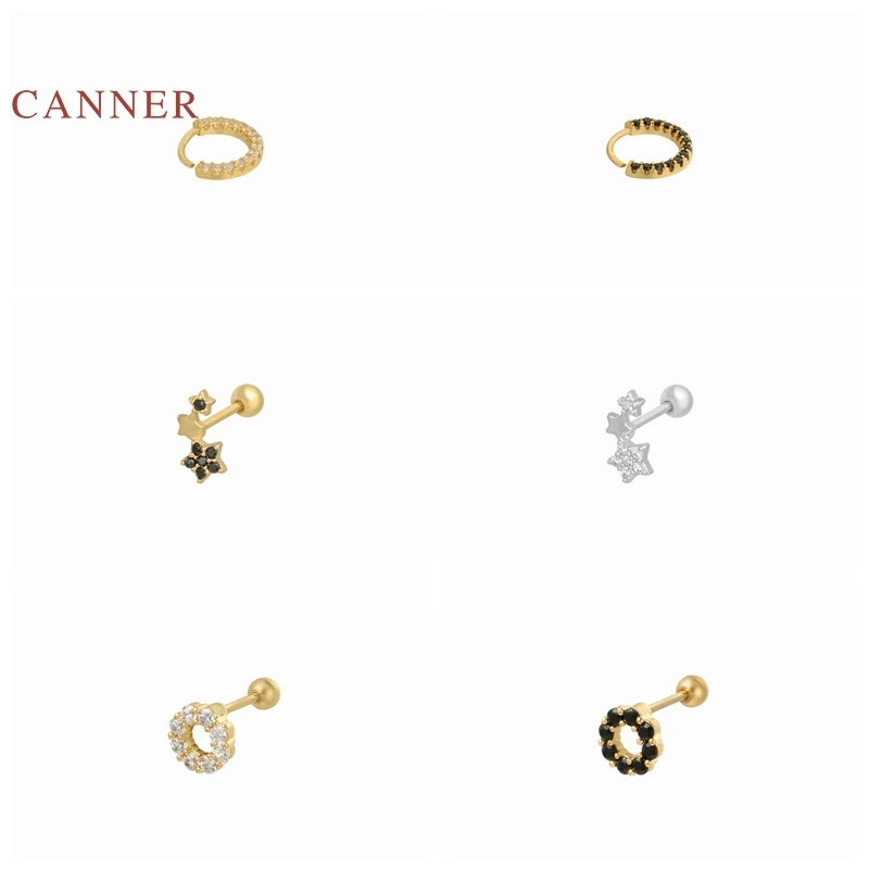 

CANNER 1PC 925 Sterling Silver Earrings For Women Large Small Stars O-shaped Round Stud Earrings Zircon Diamond Korean Jewelry