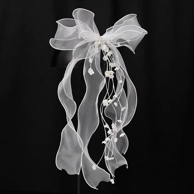 Yarn Silk flower veil Sweet Bow Simple Clip bride barrettes crepe hair wear Wedding hair Accessories