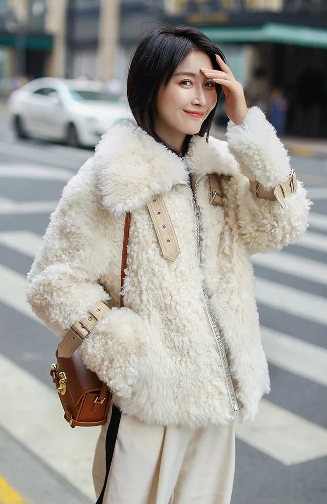 AYUNSUE Двусторонняя шуба женская натуральная овечья шерсть шуба зимняя куртка Женская Корейская куртка из натуральной кожи MY4029 - Цвет: creamy white