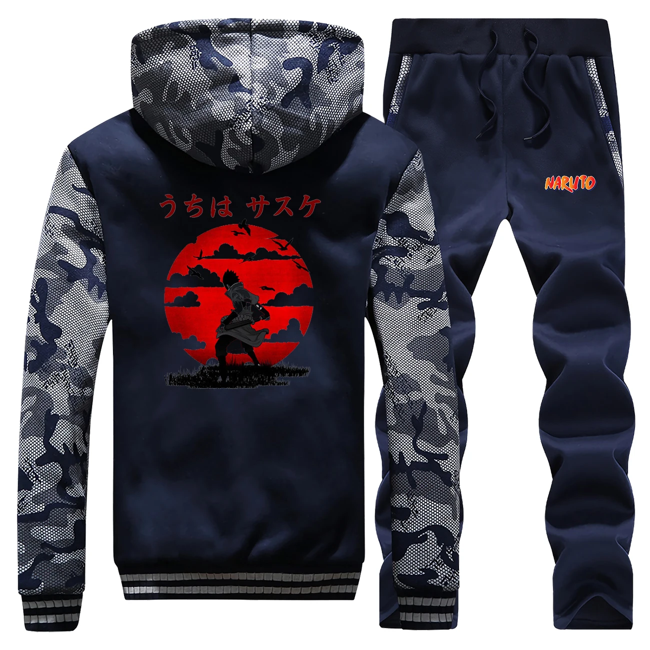 Наруто камуфляж мужские наборы Учиха Саске толстые куртки японского аниме теплые толстовки зимние мужские флисовые Harajuku спортивная одежда