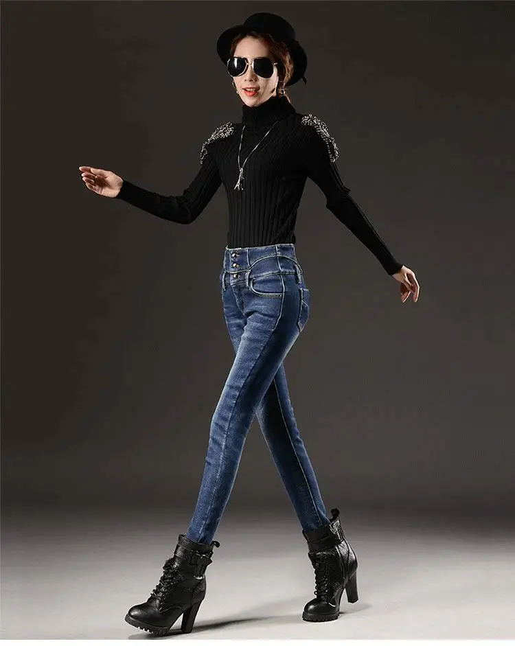 MiiKLN Black Blue Jeans Woman Winter Fur In Side 26 to 36 Size High Waist Jeans For Women 42KG to 70Kg