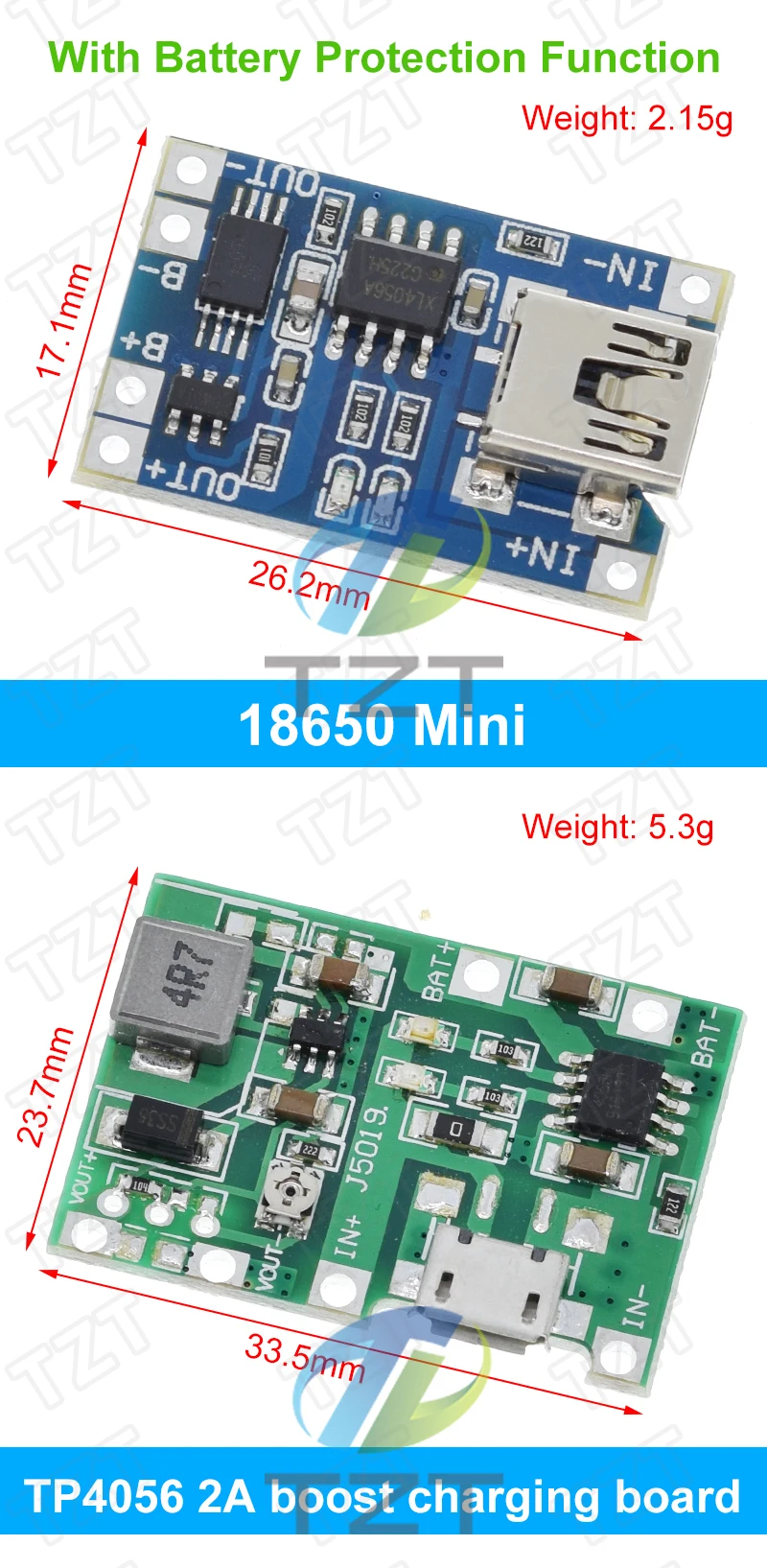 TZT 5 Stück Micro USB 5V 1A 18650 TP4056 Lithium-Batterie-Lademodul Ladeplatine mit Schutzfunktionen und Doppelfunktionen 1A Li-Ion – Detail 20