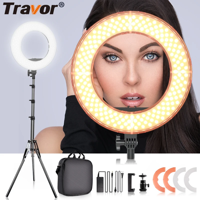 Tanie TRAVOR oświetlenie studia fotograficznego lampa pierścieniowa 14 cali 196 sztuk LED lampa pierścieniowa możliwość przyciemniania ringlight z klips do telefonu statyw do YouTube