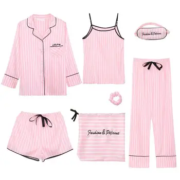 

Women's 7 Pieces Emulation Silk Striped Pajamas Sets Female Sleepwear Sets Spring Summer Autumn Long Sleeve Homewear Sling
