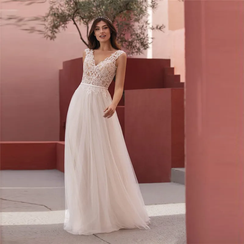 Sexy V-neck Lace Appliques A-line Wedding Dresses Open Back Tulle  Sleeveless Soft Spring Bridal Gowns Formal Beach Simple - Wedding Dresses -  AliExpress