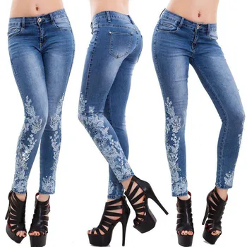 

Women Low waist Embroidered Jeans sexy Slim Plus Size Stretch Jeans Plus Size Denim Blue Skinny Pencil Pant S-5XL