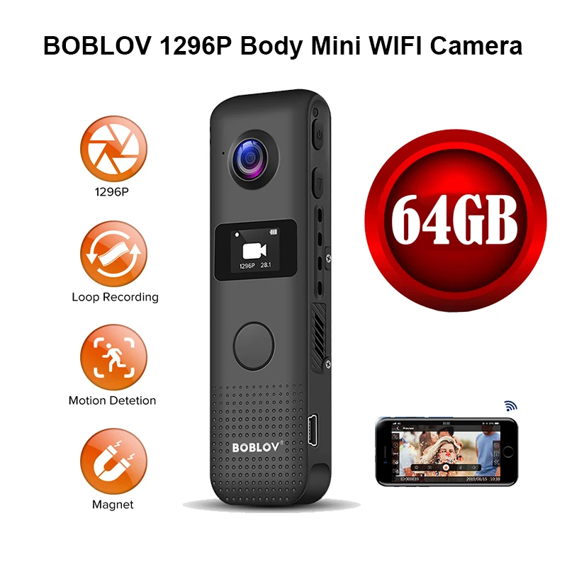 Boblov Mini Camera Hd 1296p Professional 64g Wifi Body Worn Micro