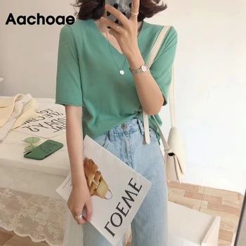 

Solid Color Casual T-shirt Women V Neck Elegant Knitted Tshirts 2020 Summer Short Sleeve Chic Basic Tee Tops Camiseta Mujer