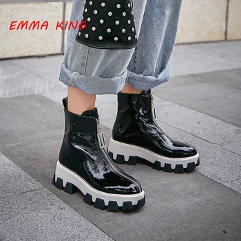 

Black Women Round Toe Flat Heel Motorcyle Boots 2020 Runaway Fashion Front Zip Martin Boots Patent Leather Platform Shoes Woman