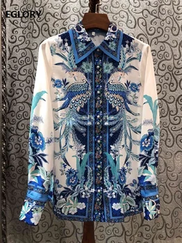 

2020 Spring Summer Fashion Blouses High Quality Women Turn-down Collar Noble Phonix Patterns Long Sleeve Casual Button Shirts