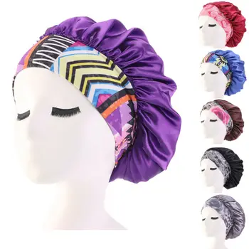 

Women Satin Night Beauty Salon Sleep Cap Cover Hair Bonnet Hat Silk Head Wide Elastic Band For Curly Springy Hair Shower Cap