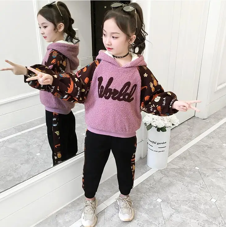 10.9th Good Quality Winter Thicken Girl's Suit Printed Fashion Sweatshirt trousers Children's suit 110-160cm Retail