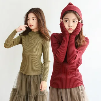 

Girls' Pullover Sweaters 2020 Autumn Winter Hooded Slim-fit Solid Color Sweaters Teenage Base Knitted Sweater Clothes for Girls